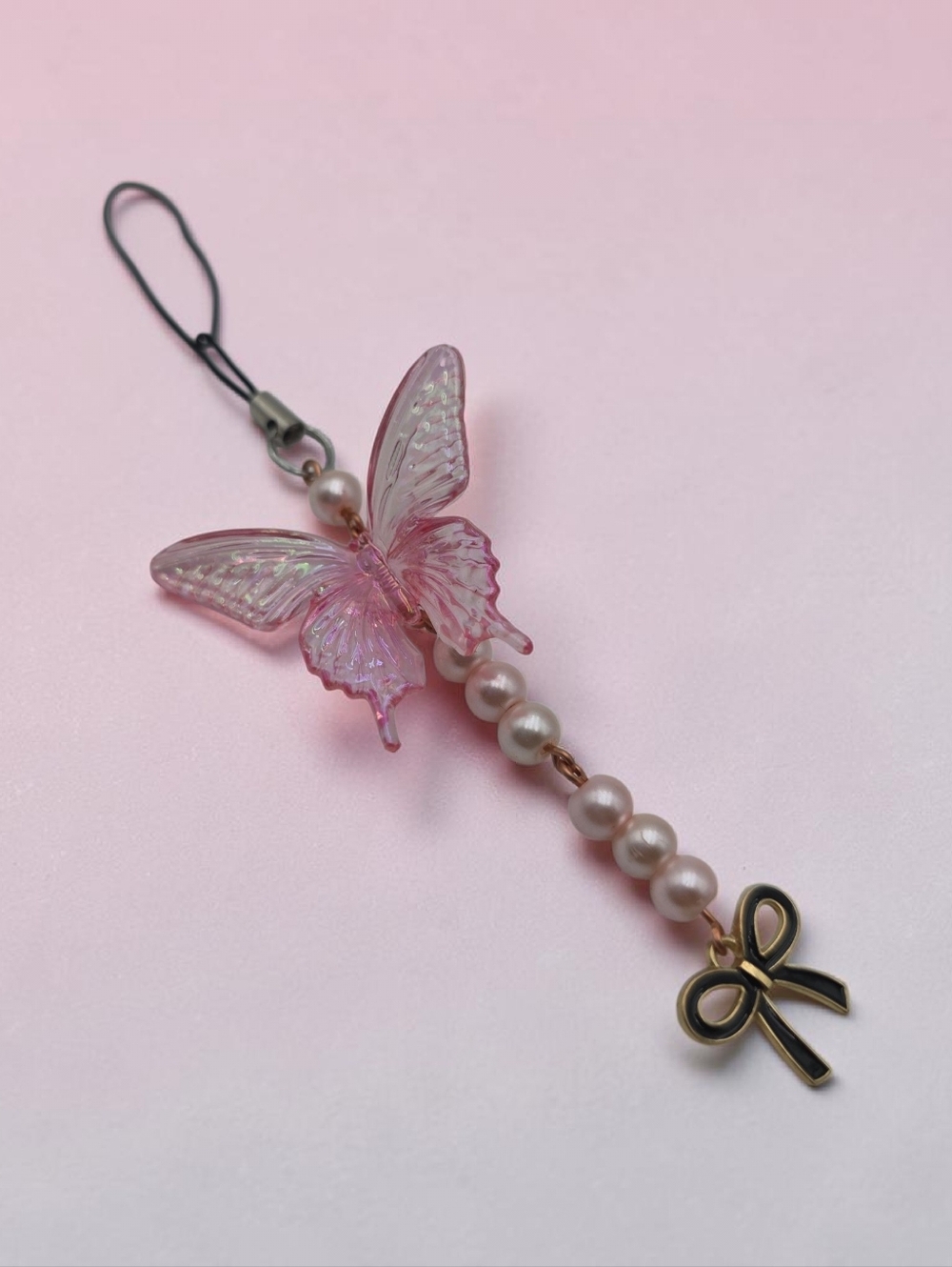 Pink Butterfly Pearl Beaded Phone Strap with Black Bow Pendant Charm